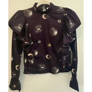 H&M Celestial Print Ruffle Blouse Long Sleeve High Neck Black Gold US 2 NWT